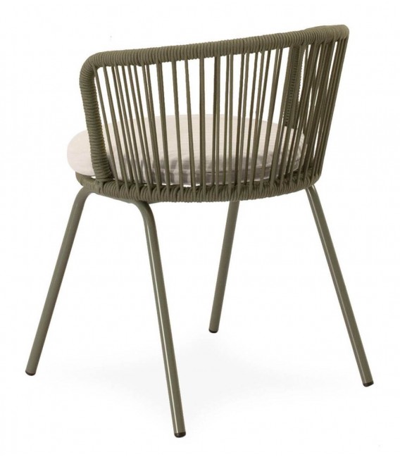 Silla exterior verde y crudo de metal y cuerda con cojín incluido.2