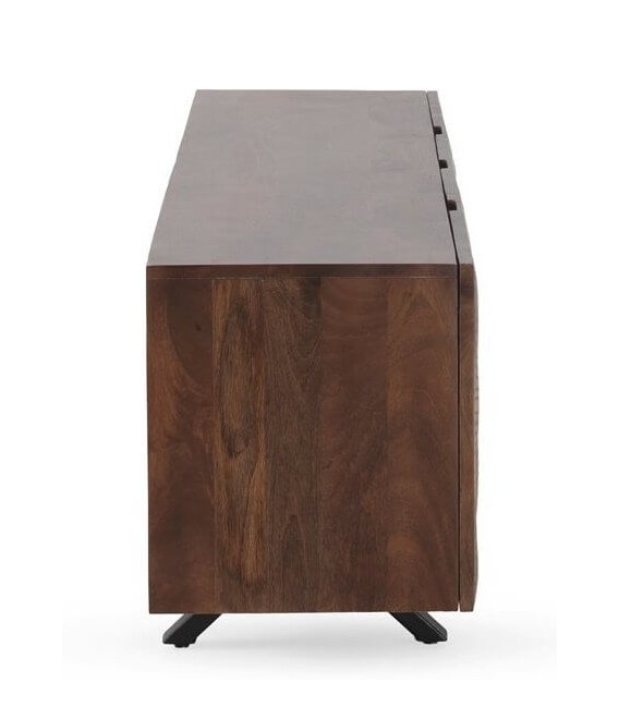 Mueble de TV madera tallada natural con patas de metal negro. 2