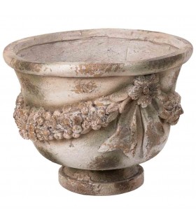 Macetero clásico con guirnalda floral en magnesia piedra envejecida.