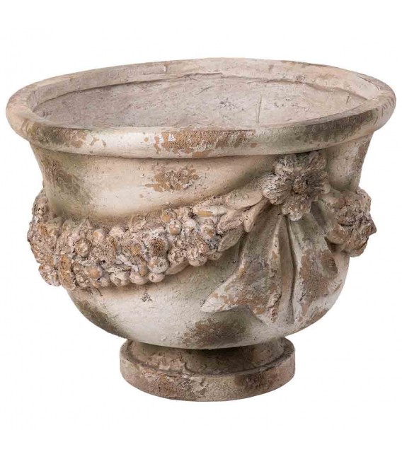 Macetero clásico con guirnalda floral en magnesia piedra envejecida.