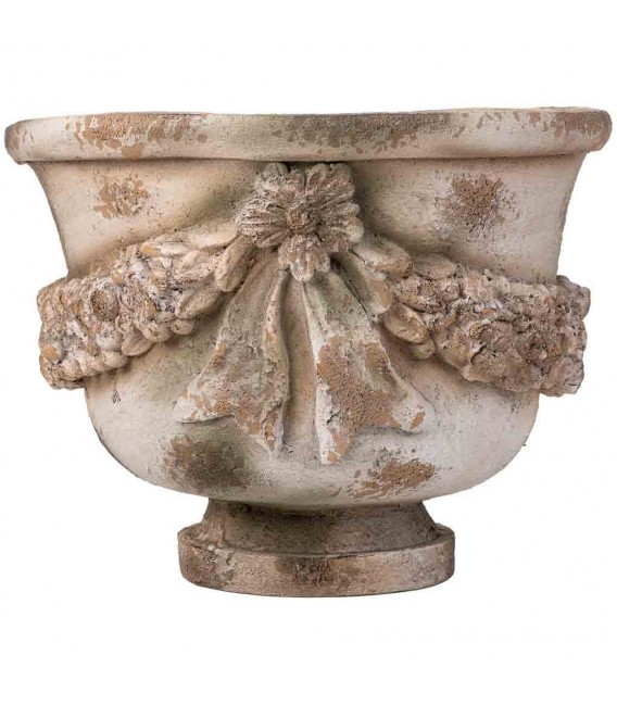 Macetero clásico con guirnalda floral en magnesia piedra envejecida. 1