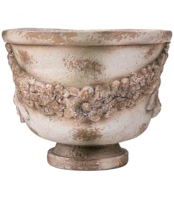 Macetero clásico con guirnalda floral en magnesia piedra envejecida. 2