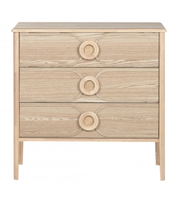 Cómoda boho pequeña madera natural tiradores circulares de ratán.