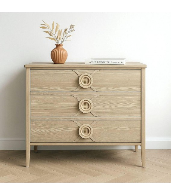 Cómoda boho pequeña madera natural tiradores circulares de ratán. 5