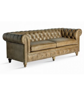 Sofá 3 plazas piel caqui estilo Chester con patas torneadas. Mdmhogar