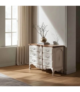 Cómoda clásica de madera tallada, blanca con tapa en nogal vintage. Mdmhogar