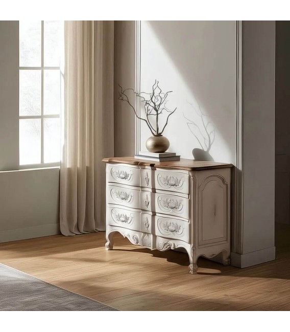 Cómoda clásica de madera tallada, blanca con tapa en nogal vintage. Mdmhogar