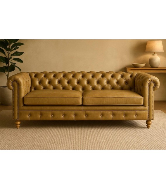 Sofá 3 plazas piel caqui estilo Chester con patas torneadas. 2