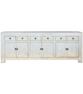 Aparador oriental de madera de olmo decapada azul con gran capacidad.