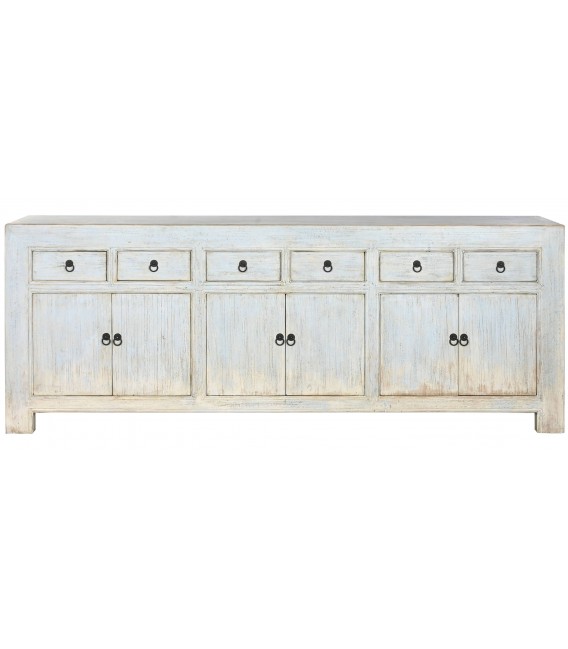 Aparador oriental de madera de olmo decapada azul con gran capacidad.