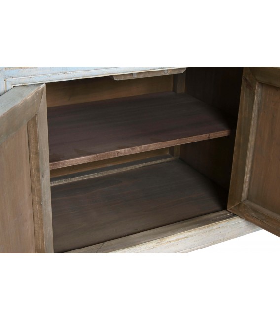 Aparador oriental de madera de olmo decapada azul con gran capacidad. 7