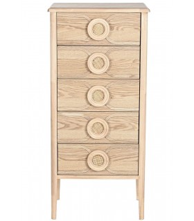 Sinfonier boho de madera clara y ratán natural con 5 cajones.