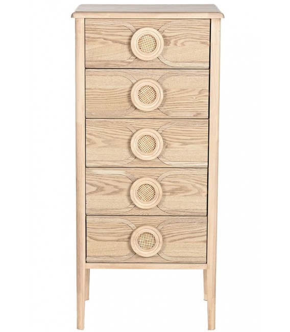 Sinfonier boho de madera clara y ratán natural con 5 cajones.