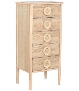 Sinfonier boho de madera clara y ratán natural con 5 cajones. mdmhogar