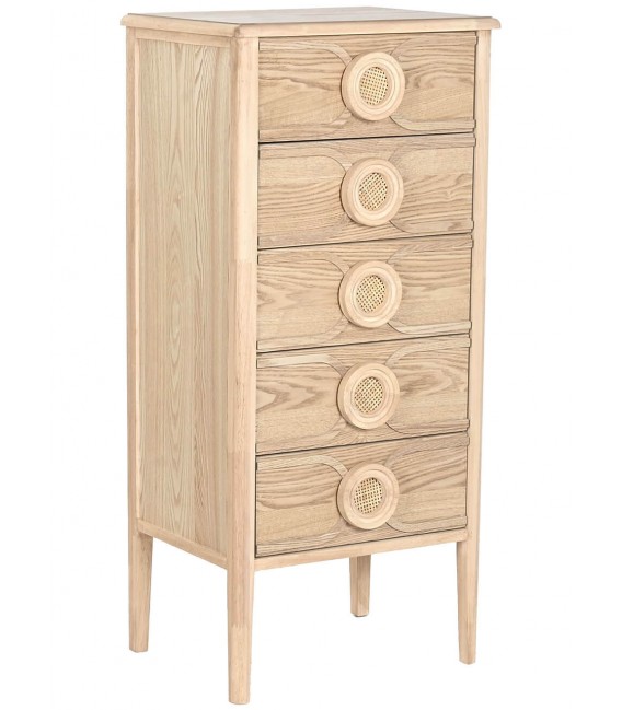 Sinfonier boho de madera clara y ratán natural con 5 cajones. mdmhogar