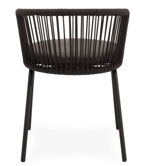 Silla negra exterior con cuerda sintética y cojín redondo gris. 5