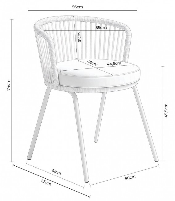 Silla negra exterior con cuerda sintética y cojín redondo gris. 6