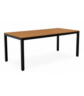 Mesa exterior negra con sobre de polimadera efecto roble natural.