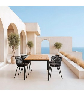 Mesa exterior negra con sobre de polimadera efecto roble natural. Mdmhogar