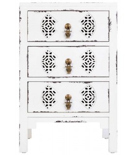 Mesita de noche oriental blanca con 3 cajones y tiradores de bronce.