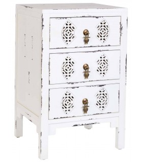 Mesita de noche oriental blanca con 3 cajones y tiradores de bronce.  Mdmhogar