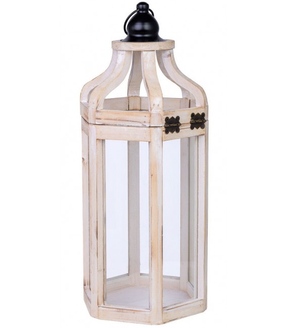 Farol de madera blanco rozado y metal negro. Estilo clásico. 1