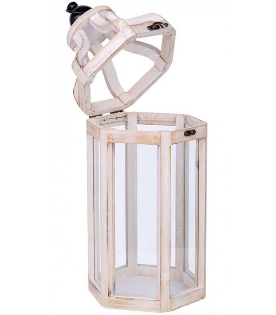 Farol de madera blanco rozado y metal negro. Estilo clásico. 2