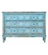Cómoda azul tallada de madera con 3 cajones y tiradores de bronce.