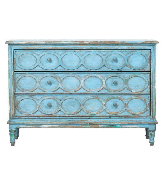 Cómoda azul tallada de madera con 3 cajones y tiradores de bronce.