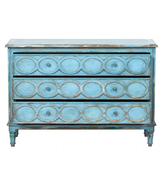 Cómoda azul tallada de madera con 3 cajones y tiradores de bronce. 1