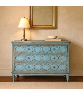 Cómoda azul tallada de madera con 3 cajones y tiradores de bronce. Mdmhogar1