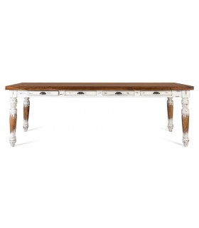 Mesa rústica rectangular XL con tapa nogal y 4 cajones funcionales.