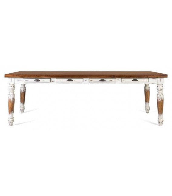 Mesa rústica rectangular XL con tapa nogal y 4 cajones funcionales.