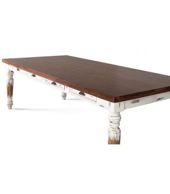 Mesa rústica rectangular XL con tapa nogal y 4 cajones funcionales. 1