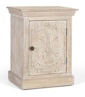 Mesita de noche étnica de mango tallado en natural blanqueado. Mdmhogar