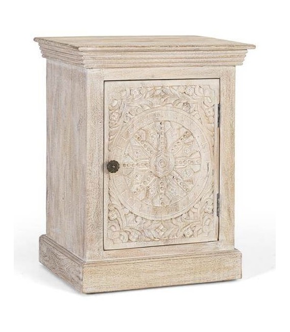 Mesita de noche étnica de mango tallado en natural blanqueado. Mdmhogar