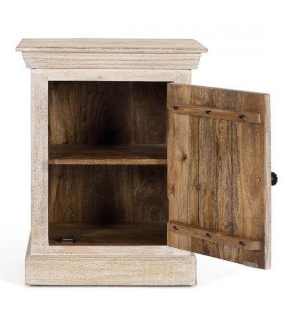 Mesita de noche étnica de mango tallado en natural blanqueado. 1