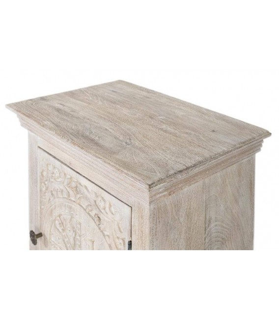 Mesita de noche étnica de mango tallado en natural blanqueado. 2