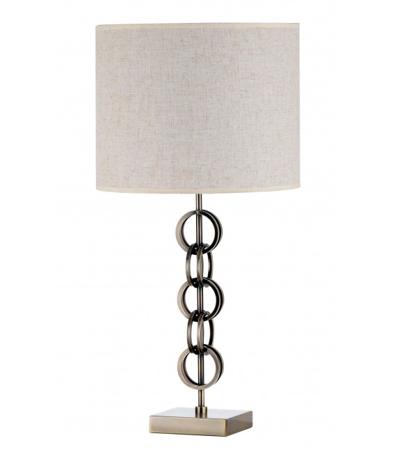 Lámpara de sobremesa metal oro viejo con pantalla textil beige.