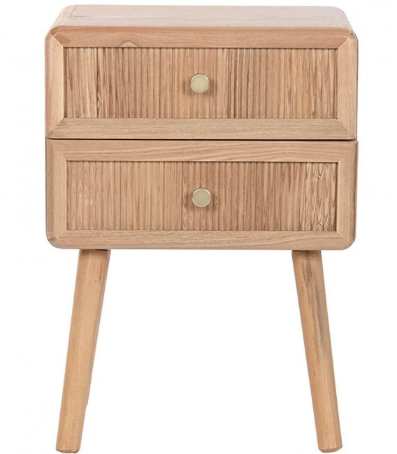 Mesita de noche nórdica con 2 cajones de madera y tiradores dorados.