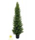Árbol artificial tipo ciprés con protección UV y maceta negra.