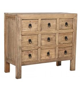 Cómoda oriental de madera maciza con 9 cajones y acabado envejecido.