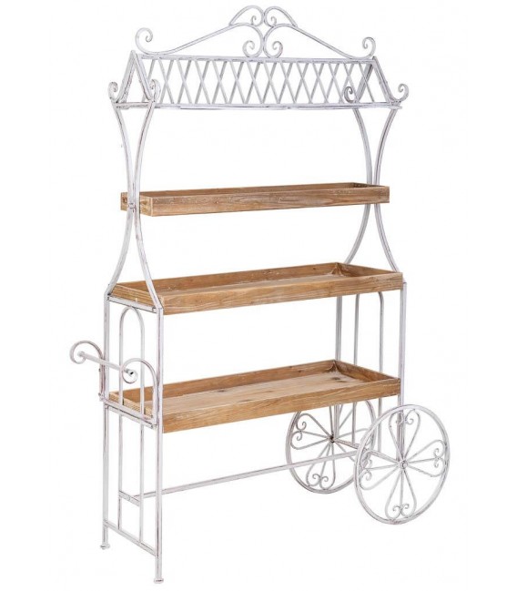 Carro expositor vintage grande de metal blanco y madera patinada. Mdmhogar