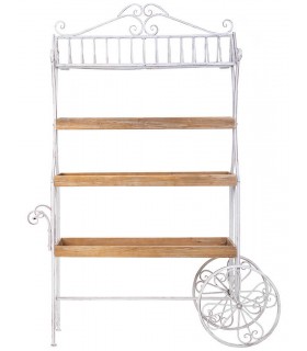 Carro expositor vintage grande de metal blanco y madera patinada.