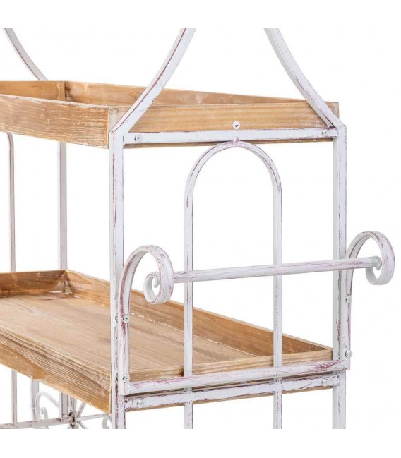 Carro expositor vintage grande de metal blanco y madera patinada. 4