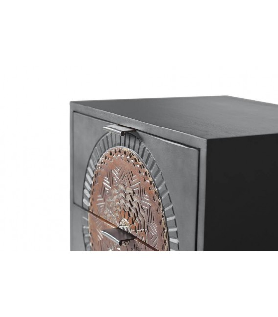 Sinfonier étnico alto de madera tallada y estructura metálica negra. 2