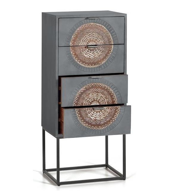 Sinfonier étnico alto de madera tallada y estructura metálica negra. 1