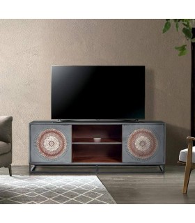 Mueble de TV étnico de madera tallada y hierro negro artesanal. Mdmhogar