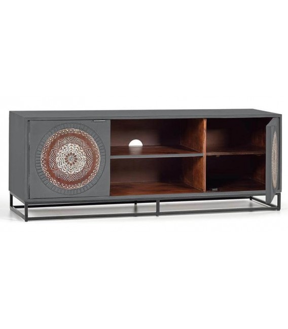 Mueble de TV étnico de madera tallada y hierro negro artesanal. 1