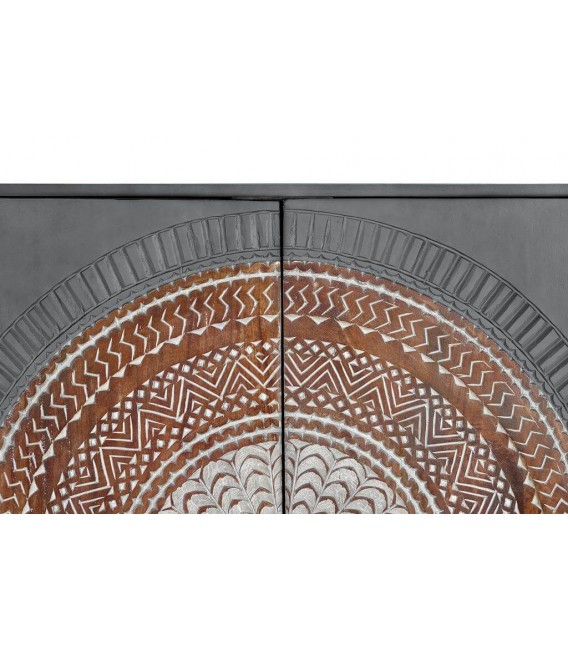 Armario alacena étnico de madera tallada y estructura de hierro negro. 2